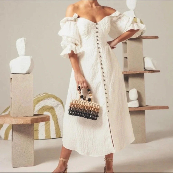 Cult Gaia Simona white linen off shoulder midi Dress size Large - Picture 1 of 16